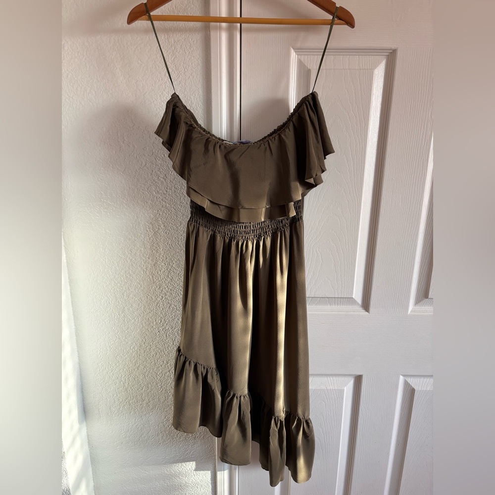 Acrobat Military Green Off Shoulder Asymmetrical Smocked Flowy Mini Dress Size M